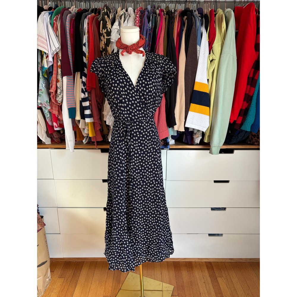 Reformation Carina Wrap Dress Women Small Navy Blue Daisy Floral Midi Cap Sleeve
